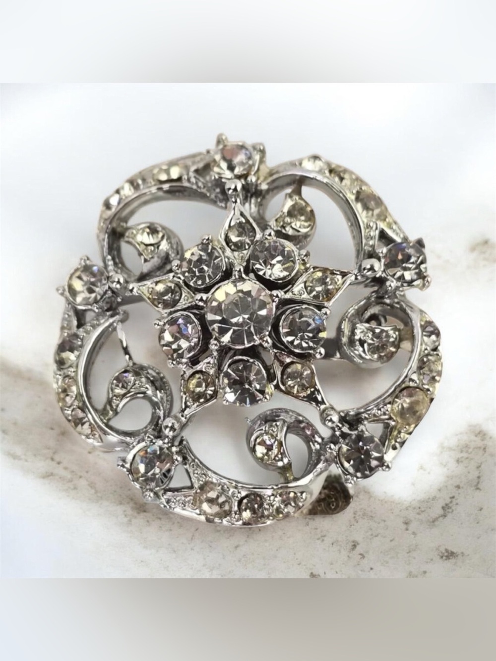 Vintage Classic Rhinestone Silver Tone Floral Brooch